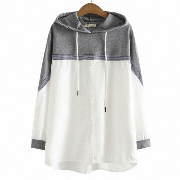 2022 Automne Plus Taille Sweats à capuche Femmes Vêtements Lâche Stripe Splice Sweat à capuche Casual Lg Manches Asymétrique Longueur Tops p1WG #