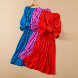 2022 automne col rond ceinturé robe froncée violet/rouge/bleu vert couleur unie manches longues mi-mollet robes 22G262357