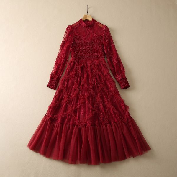 2022 Automne Col Rond Tulle Robe À Panneaux Couleur Unie Vin Rouge / Ivoire / Noir Fleurs 3D Manches Longues Longues Maxi Robes Décontractées S2N032331 Plus La Taille XXL