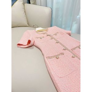 Herfst ronde nek tweed panelen jurk roze massieve kleur korte mouw zakken zakken met één borsten casual jurken 6288309363356227