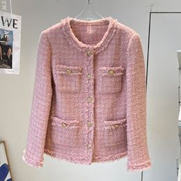 2022 Autumn Round Round Neck Tweed Panel Jacket Roze vaste kleur Lange mouw met één borte zakken Jassen Jassen Korte Outdarnen 22G186236