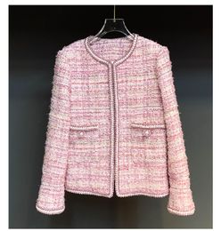 2022 Autumn ronde nek tweed paneel jas roze contrast kleur lange mouw klassieke contrast trim pockets wollen jassen jas kort uitklapen 22G186371