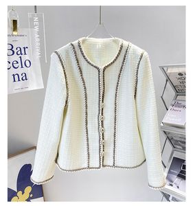 2022 automne col rond tweed lambrissé veste ivoire couleur unie à manches longues poches à simple boutonnage vestes manteau court Outwear 22G186300