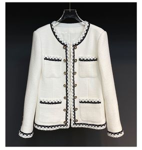 2022 Autumn ronde nek tweed paneel jas wit contrast kleur 50% wol lange mouw met een borte zakken met een borte jassen kort