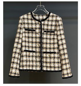 2022 Autumn Round Round Neck Tweed Panel Jacket Bruine Plaid lange mouw met één borte contrast trimjassen