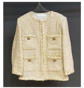 2022 Autumn Round Round Neck Tweed Panel Panrames Jacket Ivory Solid Color 4/5 Lange Mouw Classic Pockets Wollen Jackets Coat Short Outsed Weer 22G186302