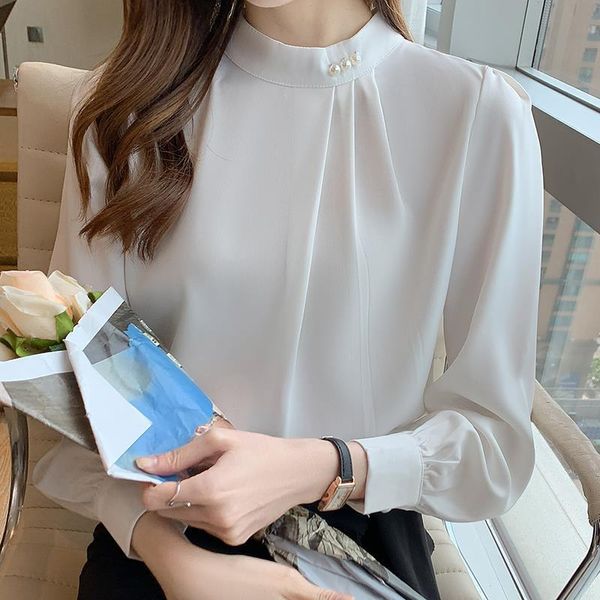 2022 automne chemises en soie Satin chemises femmes coréennes Blouses blanches hauts à manches longues bas perles chemise solide Blouse
