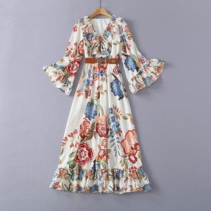 2022 Autumn V Hals Ruches Dress Multicolor Paisley Print Long Sleeve Long Maxi -jurken 22G262358D