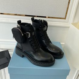 2022 automne hiver mode bottes à lacets noir grosse plate-forme botte en cuir tête ronde bottes de combat bottes en nylon avec pochette avec boîte NO407