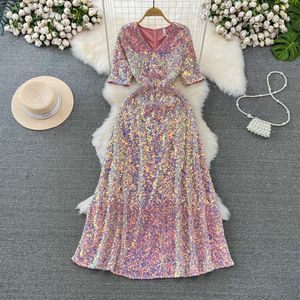 Vestidos casuales Vestidos de fiesta de la noche para mujeres Banquete Celebrador de celebridades en V cuello delgado Cintura de pescado elegante cola de pescado envuelto rosa vestidos de lentejuelas 2024