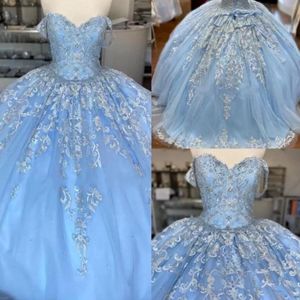 2022 Baby blauw kanten tule zoet 16 jurken van de schouder bloemen applique tule kralen korset achterste vestidos de quinceanera baljurken 2583