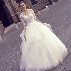 2023 robe de bal robes de mariée manches longues illusion dentelle appliques bijou pure cou perlé perles sur mesure chapelle mariage plus la taille robes de mariée