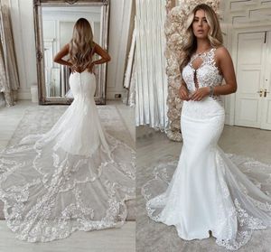 2022 Strand Sexy Mermaid Trouwjurken Ronde hals Kant Applicaties Bridde Jurk Open Back Country Bridal Toga Vestido de Novia Robe Mariée