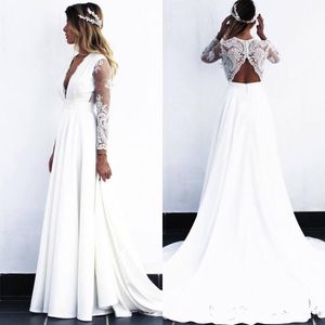 2022 Strand trouwjurken bruidsjurk lange mouwen sexy diep v nek op maat gemaakte plus size sweep trein holle rug kanten applique a line vestido de novia 403 403