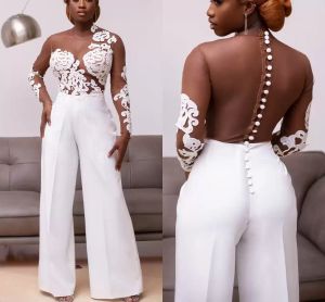 2022 Strand Trouwjurken Jumpsuit Bruidsjurk Juweel hals Kant Applique Sexy Illusion Top Floor Lengte Lange Mouwen Custom Made Plus Size Vestido de Novia CG001