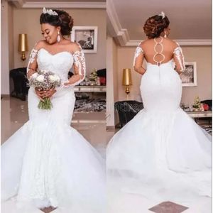 2022 Kralen Zeemeermin Jurken Lange Mouwen Applicaties Parels Afrikaanse Bruidsjurken Plus Size Bridal Vestido De Noiva Bc3027