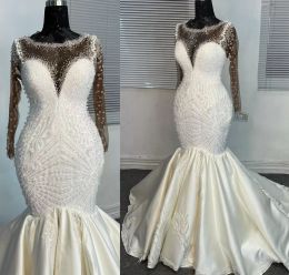 2022 perles robes de mariée sirène robe de mariée encolure dégagée manches longues balayage train satin appliques designer sur mesure arabe plus la taille illusion vestido de novia