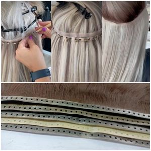 bestverkopende remy huidinslaghaar geniale kwaliteit tape in menselijke europese maagdelijke haarextensies met gaten 4 stuks veel