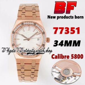 2022 BFF xf77351 CAL.5800 bf5800 Reloj automático para mujer de 34 mm Diamantes Bisel Plata con textura Dial Marcadores de palo blanco Pulsera de acero de oro rosa Relojes Super Eternity