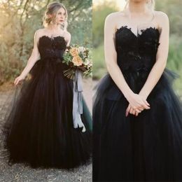2022 Black Gothic Wedding Dresses Bridal Gown Lace Applique Sweetheart Neckline Tulle Custom Made Plus Size Floor Length vestido de novia