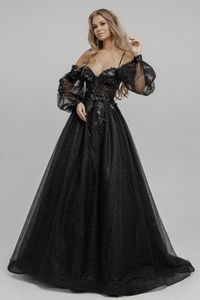 2022 Robes de mariée gothiques noires Robes de l'épaule à manches longues Paillettes Tulle Sparkle Goth Robes de mariée avec couleur non blanche