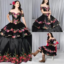 2022 Zwarte Quinceanera Jurken Charro Afneembare Rok Bloemen Geborduurd Uit De Schouder Sweet 16 Jurk Mexicaans Thema Grote Maat 249i