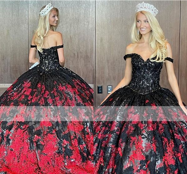 2022 Noir Rouge Dentelle Quinceanera Robes Gothique De L'épaule Robes De Bal Mascarade Corset Retour Plus La Taille De Bal Doux 16 Robe Adulte