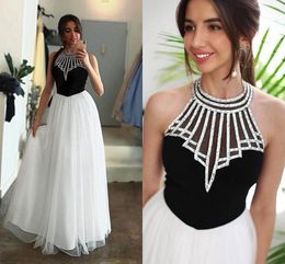 2022 Vestidos formales de la noche blanca negra Vestida para mujer Halter alto Top Open Back Beading Tulle Prom Dress Princess Party
