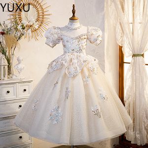 2022 bling perlé cristal fleur girls robes pour adolescents Tulle plancher longueur Boho Beach Fille Pageant fête des robes d'anniversaire Tulle jupe vêtue