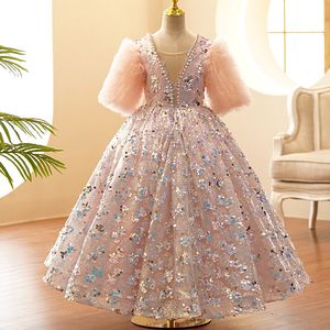 2022 Bling Perles Cristal Flower Filles Robes Pour Mariage Tulle Plancher Longueur Beach Girl Pareant Partie Robes à paillettes Tulle Jupe Tulle Veille