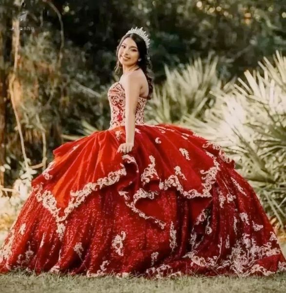 2022 ostentosos Borgoña lentejuelas apliques de encaje Quinceañera Vestidos con cordones corsé dulce 15 desfile Vestidos de talla grande Vestidos de XV ano