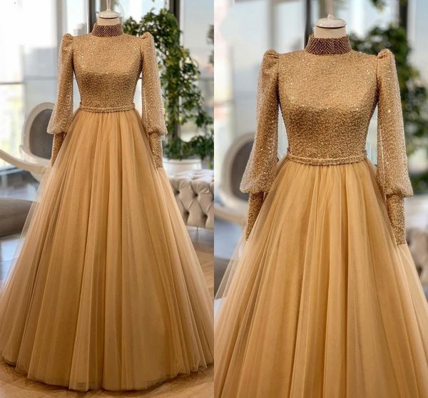 2022 Bling Gold Lentejuelas Perlas Vestidos de noche Prom Quinceanera A-Line Cuello alto Manga larga Musulmán Vestido formal para mujer Imperio Cintura