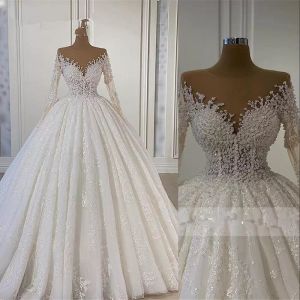 2022 Bling Luxury Ball Gown Vestidos de novia Vestidos de novia Apliques de encaje Joya Cuello Mangas largas Ilusión Cuentas de cristal Hasta el suelo Vestidos De Novia Tallas grandes