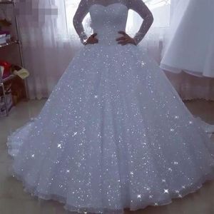 2022 Bling Sparkly Sequined Lace Ball Gown Wedding Dresses Jewel Neck Illusion Long Sleeeves Sequins Plus Size A Line Bridal Gowns242q