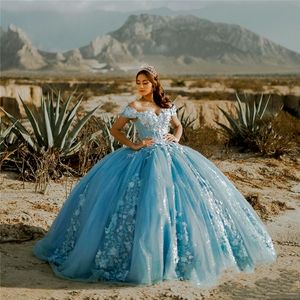 2022 Robe de bal bleue Quinceanera robes élégantes épaules dénudées fleurs 3D douce 16 robe princesse tenue de soirée robes de 15 ans b0410