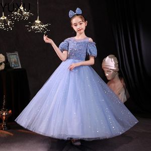 2023 Bleu Fleur Fille Robes Jewel Cou Robe De Bal Paillettes Blingbling Perles Communion Robes Enfants Filles Pageant Robe Balayage Train Robes D'anniversaire