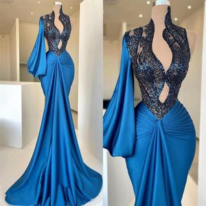 2022 Blue Mermaid Prom Dresses Sexy Diepe V-hals Lange Mouwen Avondjurk Bruidsmeisje Formele Jurken Custom Made252G