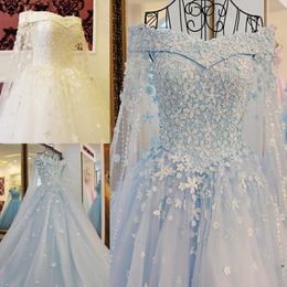 2022 Blue Off the épaule Robes de mariée avec perles de cape amovitables Applique élégante lacet-up Back Bridal Bridal Robes REAL P 196C