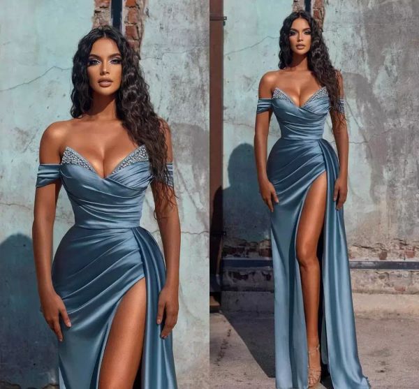 2022 Bleu Robe De Bal Sexy Hors Épaule Formelle Soirée Robe De Soirée Haute Taille Split Satin Brdemaid Robes Sur Mesure BC10944 0ssx