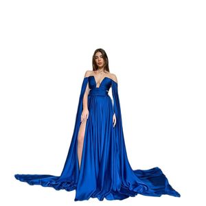 Robe De bal bleue, décolleté en V plongeant, épaules dénudées, moulante, plissée, robe De soirée froncée, style sirène, 2022