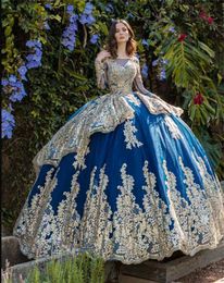 2022 Blue Quinceanera Robes à manches longues en dentelle en or appliquée perle à paillette mexicaine 15 robes de jupe gonflée Vestidos 16 anos 0516