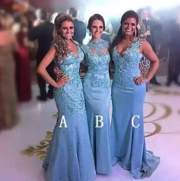 2022 Vestidos de fiesta de satén azul Sirena con cuentas Apliques de encaje Hasta el suelo Sirena Cuello en V Cuello alto Vestido de dama de honor Vestidos de noche africanos Vestidos de invitados