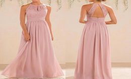 2022 Blush Pink Vestidos de dama de honor Estilo rural largo Cuello halter Gasa de encaje Longitud total Aline Vestido de fiesta de invitados de boda formal 2159712