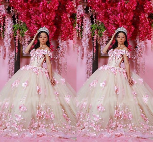 2022 Blush Rose Perles Floral 3D Fleurs Quinceanera Robes Long Train De L'épaule Nude Doublure Robe De Bal De Bal Sweet 16 Robe 15 Filles