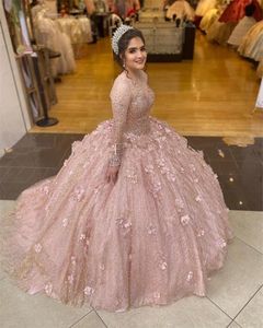 2022 Blush Rose Sparkly Paillettes Robe De Bal Robes De Quinceanera Robes De Mariée Illusion À Lacets Corset Manches Longues Sweet 16 Robe Avec Des Fleurs Robes de xv a￱os anos