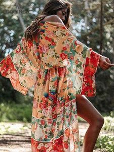 2022 Boheemian Floral Printed Front Open Summer Women Beach Wear Wrap Dress Chiffon Tunic Sexy Sarongs Robe Pareo Q751 G220510