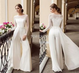 2022 Boheemse jumpsuit kanten trouwjurken Juwelier nek lange mouwen strand bruidsjurken vloer lengte chiffon boho vestido de novi