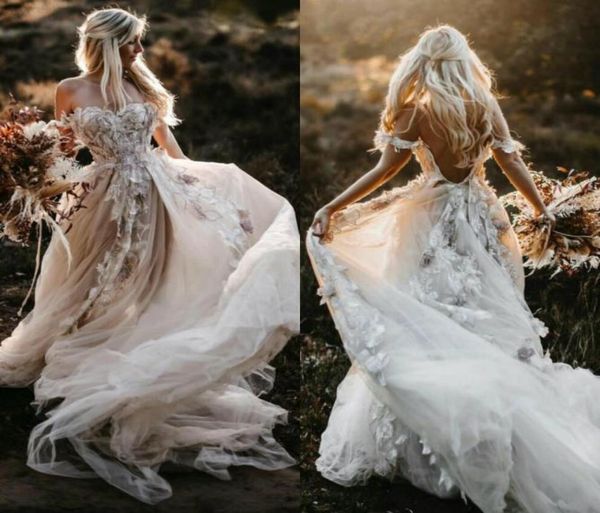 2022 Vestidos de novia bohemios con hombros descubiertos Vestidos de novia con apliques de flores en 3D Una línea de ilusión Vestido de novia de playa de tul 8672004