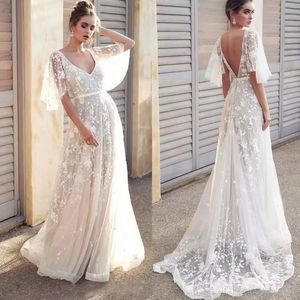 2022 Boho robe de mariée dentelle a-ligne blanc simple bohème robes de plage sexy dos nu col en V longueur de plancher robes d'été BC2836