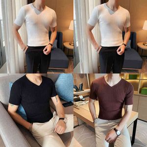 2022 Marque Vêtements Hommes Loisirs D'été T-Shirts Courts/Mâle Haute Qualité Tricot Col En V Mode T-Shirts Grande Taille S-4XL Y220606